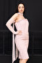 Beaded Strapless Neckline Lace Pencil Dress - Powder - 4