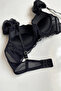 Black Sleeve Tulle Detailed Lace Supported Bra Set - 4