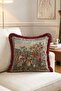 Medieval Castle Harvest Scene Fringed Throw Pillow Cover - Burgundy Tassel Tapestry Pillowcase - 3