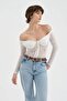 Women's Long Sleeve Off-Shoulder Flock Print Tulle Detailed Design Corset - 5