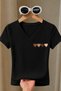 Women's Minimal Brown Heart Printed Basic Daily Use V-Neck Slim Fit Lycra T-Shirt