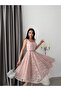 Powder Lace Embroidered Sequined Belted Square Neck Evening Dress - 2