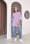 Lilac Oversize Double Sleeve Long T-Shirt with Side Slits |   Cotton Basic Crew Neck Single Jersey Fabric Casual Comfortable T-Shirt |   Standard Size All Season - 4