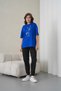 Women's Blue Floral Printed Cobalt Blue Round Crew Neck T-Shirt Black Jogger Sweatpants Set - 3