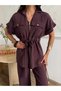 Women's Short Sleeve Waist Tie Zipper Pocket Tencel Set - 6