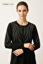 Women's Black Willow Leaf Patterned Blouse with Stones on the Chest and Sleeves, Mother Combed Cotton Blouse