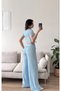 Women's Blue Crew Neck Blouse with Drawstring Detail & Wide Leg Pants with Ruffle Detail Gagari Set - 2