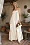 Women's Beige Lined Chest Patterned Strappy Gipeli Summer Bohemian Dress - 2