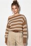 Women's Camel Boat Neck Striped Knitwear Sweater 34105 60283909 - 2