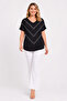 Women's Plus Size Black, Stone Detailed Bat Sleeve V-Neck Blouse 65N39527 - 4