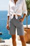 Women's Gray Button Model Pocketed Bel Elastic Drawstring Combed Cotton Comfortable Above Knee Shorts 26Ksrth333 - 8