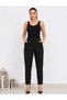 Women's Stretchy Crepe Fabric Double Leg Black Trousers with Elastic Waist