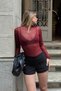 Burgundy Long Sleeve Tulle Transparent Women's Blouse - 3
