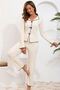 Women's Ecru Ribbed Bow Detailed Stylish Pajama Set Premium Home Wear - 3