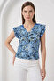Women's V-Neck Floral Patterned Blue Blouse - 2