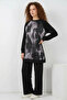 Women's Round Neck Oversize Patterned Viscose Black Two-Piece Set - 4