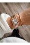 Roman Numeral Stone Detailed Rectangular Case Rose Gold Metal Cord Women's Wristwatch