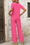 New Season Women's Short Sleeve Boat Neck Asymmetrical Detailed Front Short Sandy Blouse and Trousers Two-Piece Set - 4