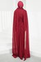 Burgundy Shoulder Cape Pearl Embellished Evening Dress - 5