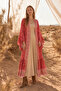Red Floral Viscose Kimono Dress Summer Long Double Breasted Collar Belted Bohemian Model - 3