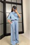 Women's Blue Polka Dot Striped Zippered Jacket Casual Pants Set