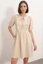 Women's Tie Collar Gathered Ruffle Detailed Short Sleeve Cream Dress - 4