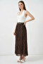 Women's Belted Pleated Patterned Brown Skirt