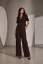 Women's Brown Metal Buckle Short Sleeve Jacket and Pants Set - High Waist Palazzo Two-Piece Set - 3