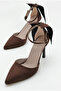 Women's Stoned Bow Detailed Ankle Strap Bitter Brown Satin Stiletto Pointed Toe Thin Heeled Evening Dress Shoes - 6