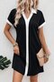 Women's Short Sleeve V-Neck Short Janjan Crepe Dress with Stripe Detail on the Front