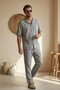 Men's Short Sleeve Shirt & Boyfriend Pants Gray Bottom Top Linen Set Ls-6716 - 3