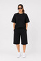 Bottom Top Set Two Yarn Fabric Crew Neck T-Shirt with Pockets Above Knee Shorts - Black - 3