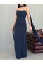 Navy Blue Strapless Draped Evening Dress with Shawl Detail - 5