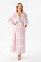 Pink Color Blue Flower Patterned Belted Satin Dress with Inner Lining