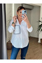 Women's White Striped Panel Detailed Cotton Oversize Shirt with Low Back Cutout Blouse - 4