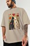For the Love of Cats 82 Front Cat Printed Beige Oversize T-Shirt 100% Cotton Unisex Cat Lover Premium Design - 3
