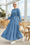 Women's Buttoned Ruffle Detailed Light Blue Denim Dress - 4
