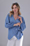 Women's Blue Double-Breasted Side-Tie Satin Blouse Shirt - 7