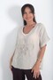 Women's Italian Linen V-Neck Sequin Floral Embroidered Shoulders Mesh Oversize Blouse - 2