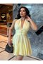 Yellow Halter Neck Mini Linen Dress – Waist Detail, Flowing Skirt, Stylish Summer Dress 8000 - 2