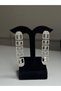 Geometric Shaped, Full Zircon Stone, Long Dangle Silver Color Earrings