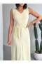 Crep Women's Asymmetrical Midi Dress – Waist Detailed V-Neck 100% Cotton Summer Dress Yellow - 3