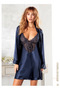 Women's Navy Blue Satin Dressing Gown & Nightgown 2-Piece Set
