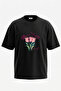 Pink Tulip Design Back Printed Cotton Black Oversize T-Shirt