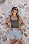 Khaki Square Collar Ribbed Tank Top - 2