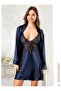 Navy Blue Satin Nightgown with Straps and Lace Detailing - 2