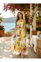 Yellow Rose Patterned Pleated Dress with Gold Belt Detail