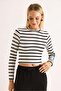 Women's Stripe Patterned Crop Blouse Black - 2