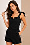 Black Bow Strap V Detailed Stretchy Women's Blouse - 2