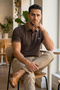 Brown Polo Collar Men's T-Shirt Regular Fit 100% Cotton with Striped Collar Detail - 7